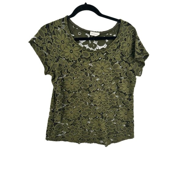 Free Kisses Olive Floral Lace Top Blouse Shirt Size Small‎ Sheer - Picture 4 of 5